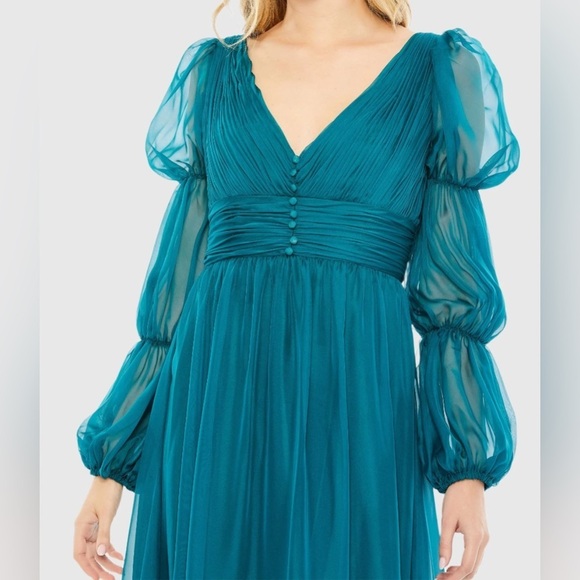 Mac Duggal 68254 NWT Teal Chiffon Ruched Tiered Puff Sleeve A Line Dress - Picture 2 of 6